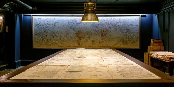 Command center with large table displaying maps and a global map on wall