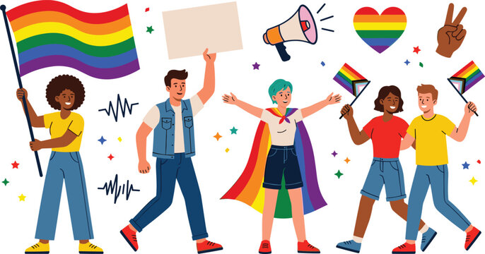 LGBT Pride March Celebration Set with Diverse Group Holding Rainbow Flags, Banner, Megaphone, and Unity Symbols