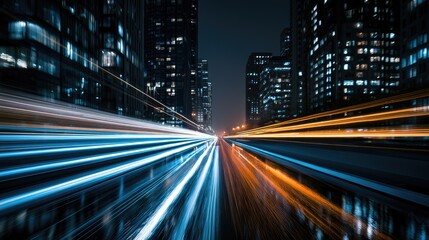 Obraz premium Streaking lights of vehicles create motion blur on a city street at night