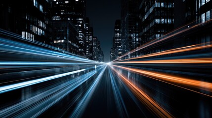 Fototapeta premium Streaks of blue and orange light blur down a city street at night