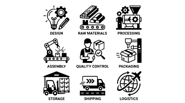 Manufacturing process icons illustrate design, raw materials, processing, assembly, quality control, packaging, storage, shipping, and logistics.