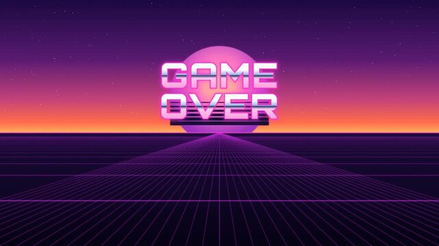 80s Synthwave Game Over Text with Glowing Wireframe Grid and Retro Sunset