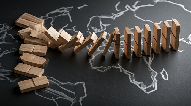 Wooden blocks cascade like dominoes across a stylized world map