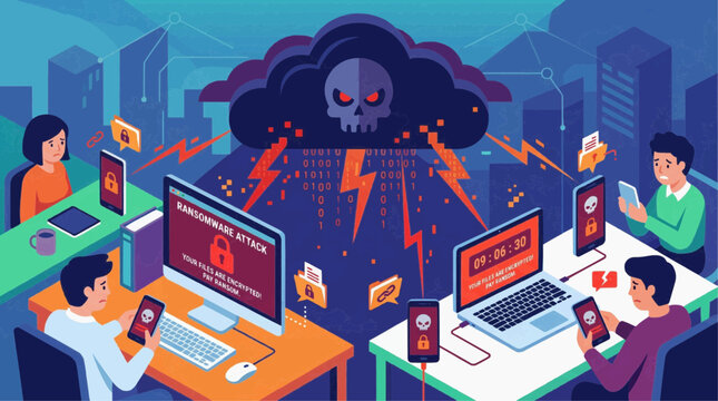 Ransomware cloud with skull symbol attacking computers and smartphones, modern flat illustration