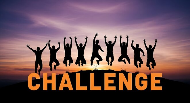 Silhouettes of people jumping in the air against a vibrant sunset sky with the word C H A L E N G E