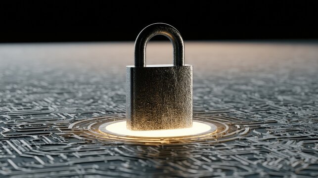 A metallic padlock rests on a glowing circuit board, symbolizing digital security