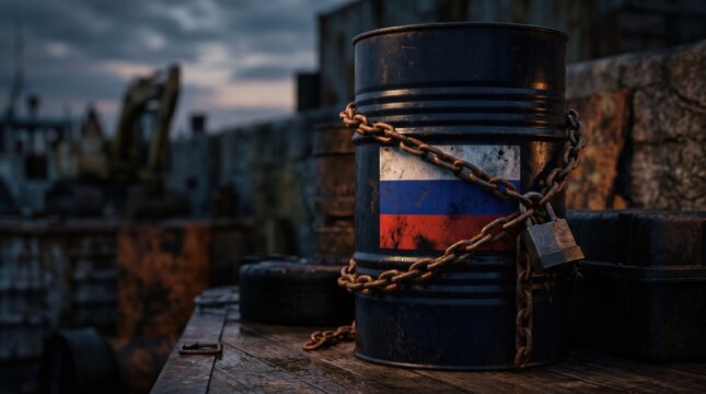 Oil barrel with russian flag locked with metal chain and padlock, economic sanctions oil embargo geopolitical crisis concept