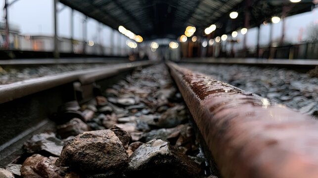 Close-up on wet train tracks leading to a blurred, dimly lit station platform