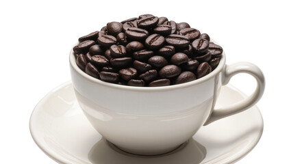 Fototapeta premium Isolated white cup and saucer filled with aromatic whole roasted coffee beans.