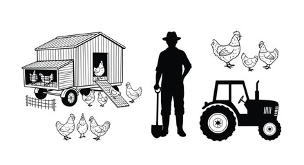 Farm Scene With Henhouse Farmer Chickens And Tractor Silhouette farmland © Jewel