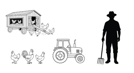 Farm Scene With Chicken Coop Tractor And Farmer Silhouette farmhouse © Jewel