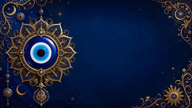 Luxury Golden Nazar Boncugu Evil Eye Ornament On Dark Blue Textured Banner Background