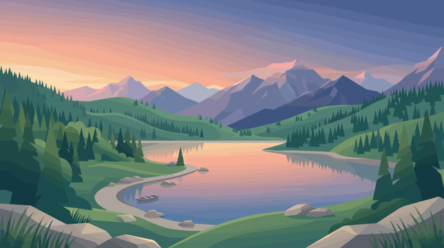 A tranquil vector illustration of a mountain lake at sunset. A peaceful wilderness scene with a forest, calm water, and a boat. Ideal for travel or nature themes.