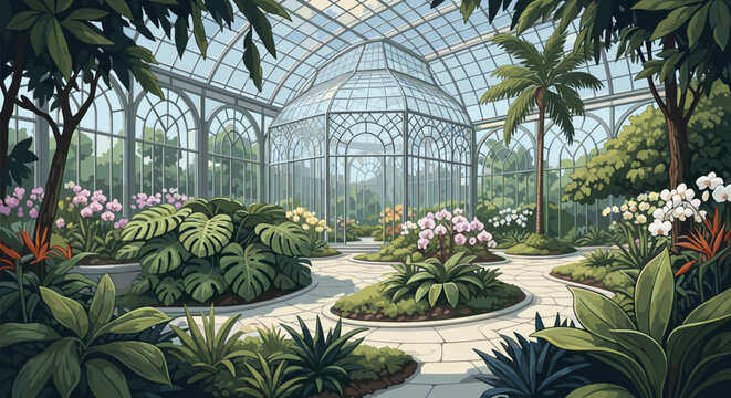 Vector illustration of a serene botanical garden inside a glass greenhouse, filled with lush tropical plants. A tranquil background for wellness or nature themes.