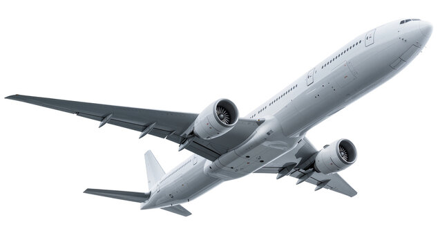 Isolated modern large commercial jet airplane flying in ascending position, underside view
