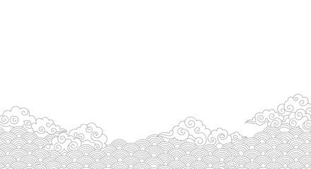 Traditional Chinese auspicious cloud and wave pattern border in minimalist line art style. © kabeh slamet