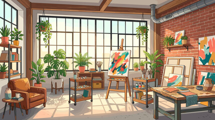 A warm and inspiring illustration of an artist's loft, filled with sunlight, plants, and art supplies. A creative and peaceful scene for hobby or workspace concepts. © Danyil
