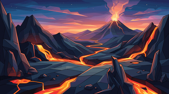 Dramatic vector illustration of an erupting volcano at sunset. A glowing lava river flows through a prehistoric landscape. For fantasy, gaming, or adventure.