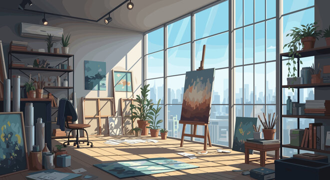 Vector illustration of a bright artist loft. Sunlight streams through a large window, illuminating an easel, art supplies, and plants in a creative urban workspace.