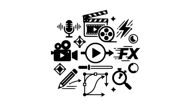 A collection of film and video editing icons arranged in a circular pattern