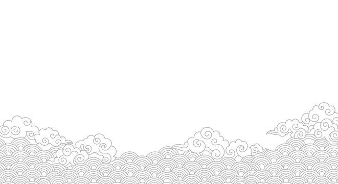 Traditional Chinese auspicious cloud and wave pattern border in minimalist line art style.