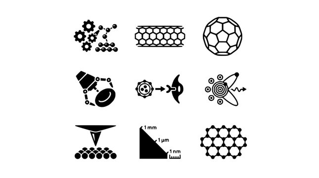 Science icons depict various molecular structures and laboratory equipment on a clean surface