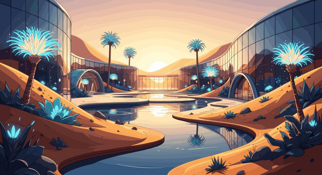 A vector illustration of a futuristic desert oasis at sunset. Modern glass buildings and glowing plants create a serene, utopian landscape ideal for technology or travel themes.