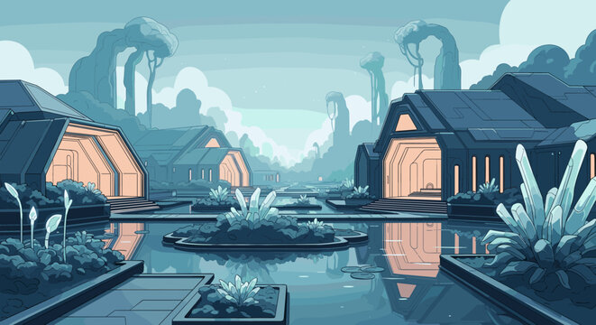 Vector illustration of a futuristic settlement on an alien planet. Luminous buildings are reflected in calm water pools amidst exotic flora. Sci-fi background concept.