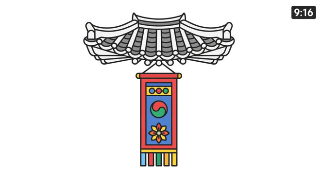Korean traditional architecture roof with colorful hanging banner featuring taegeuk symbol.