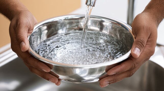 Hands holding a metallic bowl, filling it with clear water from a tap