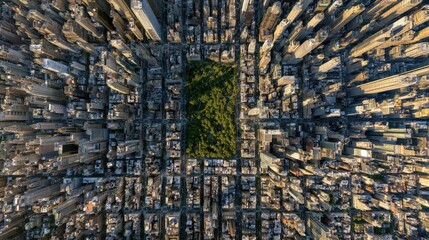 Obraz premium Aerial view of a large green park surrounded by a dense cityscape at sunset