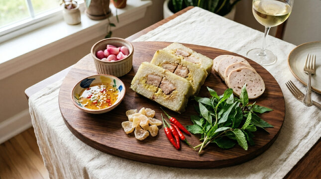 Vietnamese Charcuterie Board with Banh Chung and Cha Lua on Walnut Table