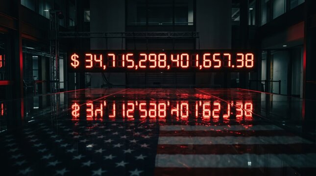 US national debt clock counter with red glowing numbers reflecting on floor with american flag, financial crisis budget deficit concept