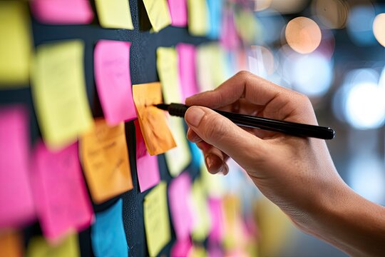 A hand writes on a vibrant wall of colorful adhesive notes