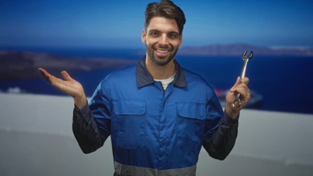Man mechanic in blue overalls holding wrench with right hand and left palm up gesture on a studio set; friendly service.