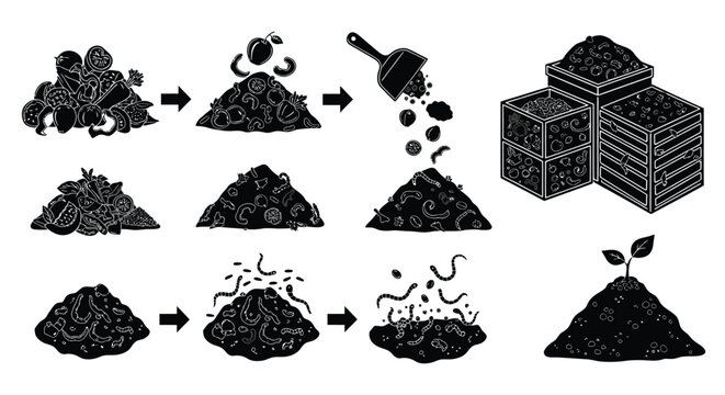 Composting Process Diagram In Black Silhouette compost decomposition organic waste