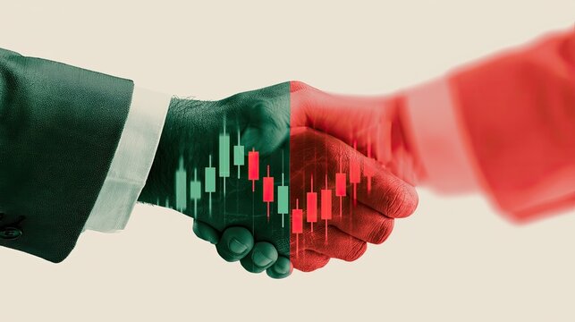 Hands shake, overlaid with contrasting green and red stock market candlestick charts
