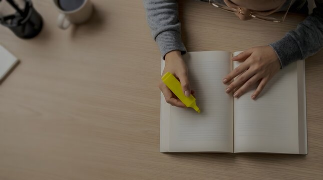 A top-down view of a person&rsquo;s hands using a yellow highlighter pen to mark text on an open notebook on a wooden office desk.