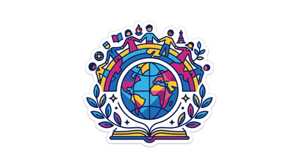 Fototapeta premium Global Unity and Diversity Concept: Diverse People Holding Hands Around Earth, Open Book