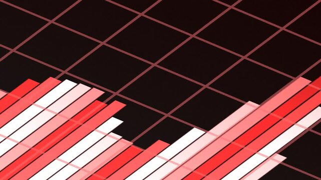 Abstract red white and black horizontal striped bars on dark grid background
