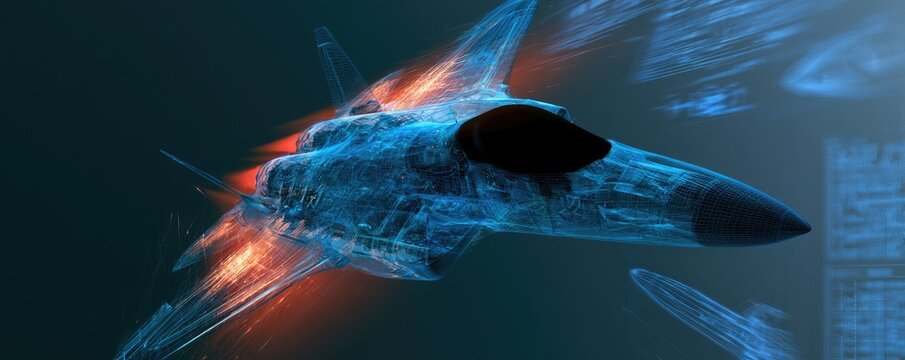 Futuristic jet fighter with blue energy lines and fiery exhaust, flying