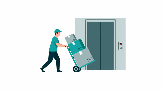 Professional Delivery Man Moving Cardboard Boxes on Hand Truck into Elevator Vector Illustration