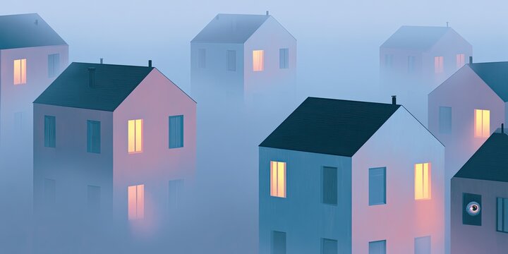 Surreal foggy neighborhood with houses featuring glowing windows