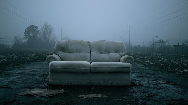 Abandoned sofa sits in desolate, foggy landscape amidst debris