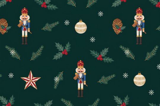 Christmas seamless pattern featuring traditional nutcracker soldiers, red holly berries, pine branches, stars, and ornaments on a dark green