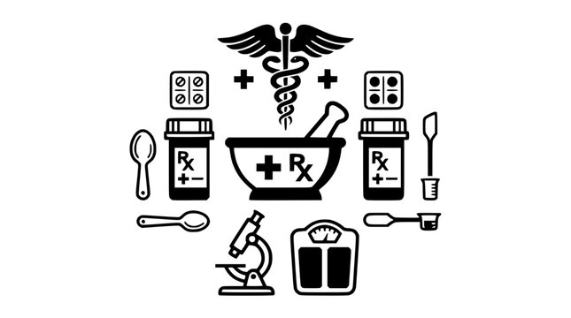 Medical icons arranged around pharmacy symbols on white background
