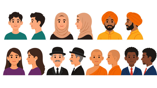 Diverse avatar characters with front and side profile views