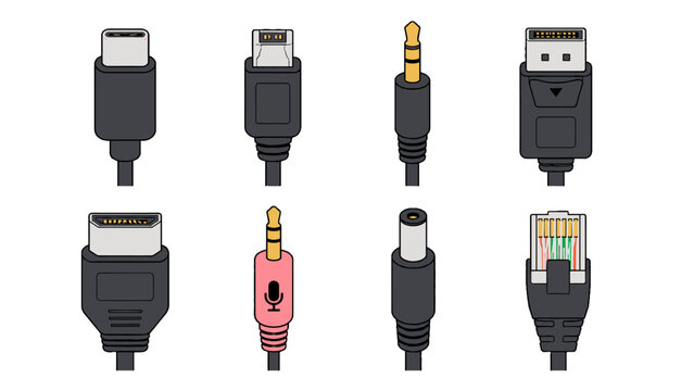 Set of common cable connector plugs and ports illustration