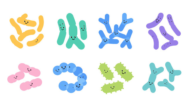 Cute cartoon microbe and bacteria characters set on white