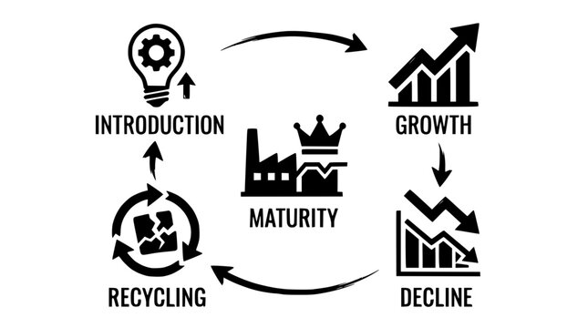 Product launch icons illustrate business growth stages with recycling concept